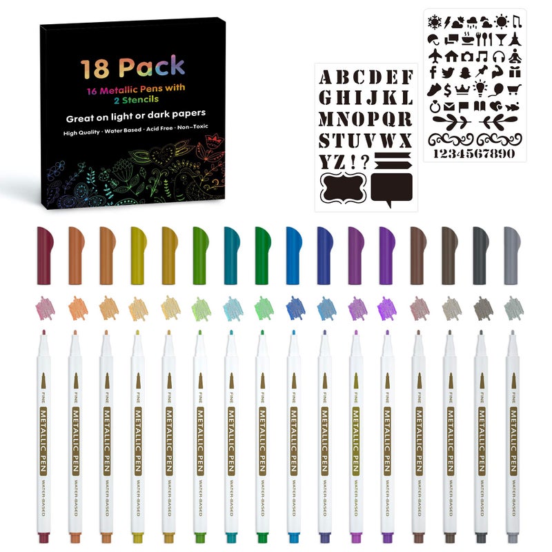 Lineon 18 Pack Metallic Marker Pens, Lineon 16 Colors Fine Tip Paint Pens with 2 Stencils for DIY Craft Photo Album Rock Art Painting Card Making Glass Wood - Image 1